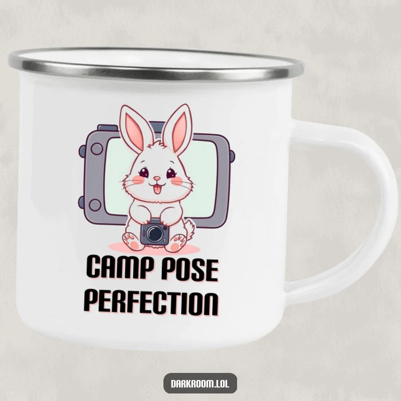 Funny fluffy bunny photographer camping mug, posing playfully in front of a stylized camera screen, ready for outdoor adventures.