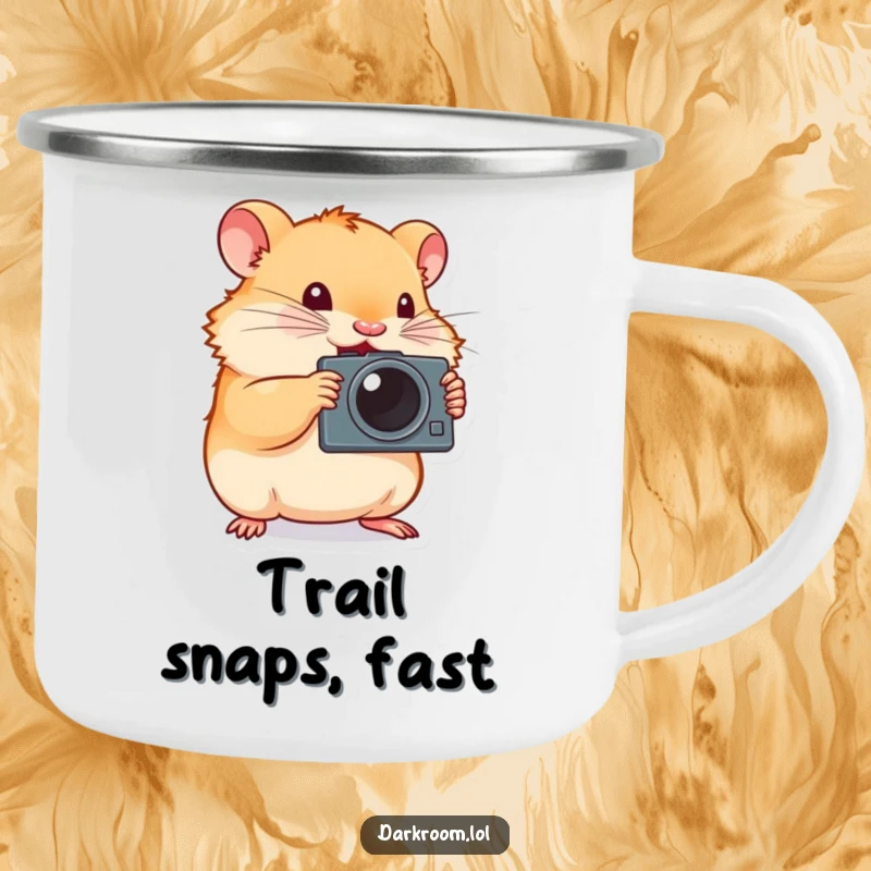Funny hamster photographer camping mug, tiny and determined, enthusiastically pressing a camera shutter, ready for any outdoor adventure.