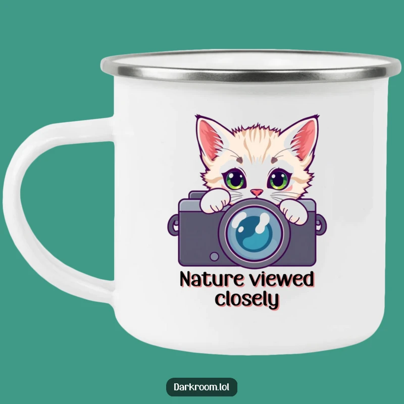 Funny Kitten Camera Lens Camping Mug: Curious Cat Adventure Gift