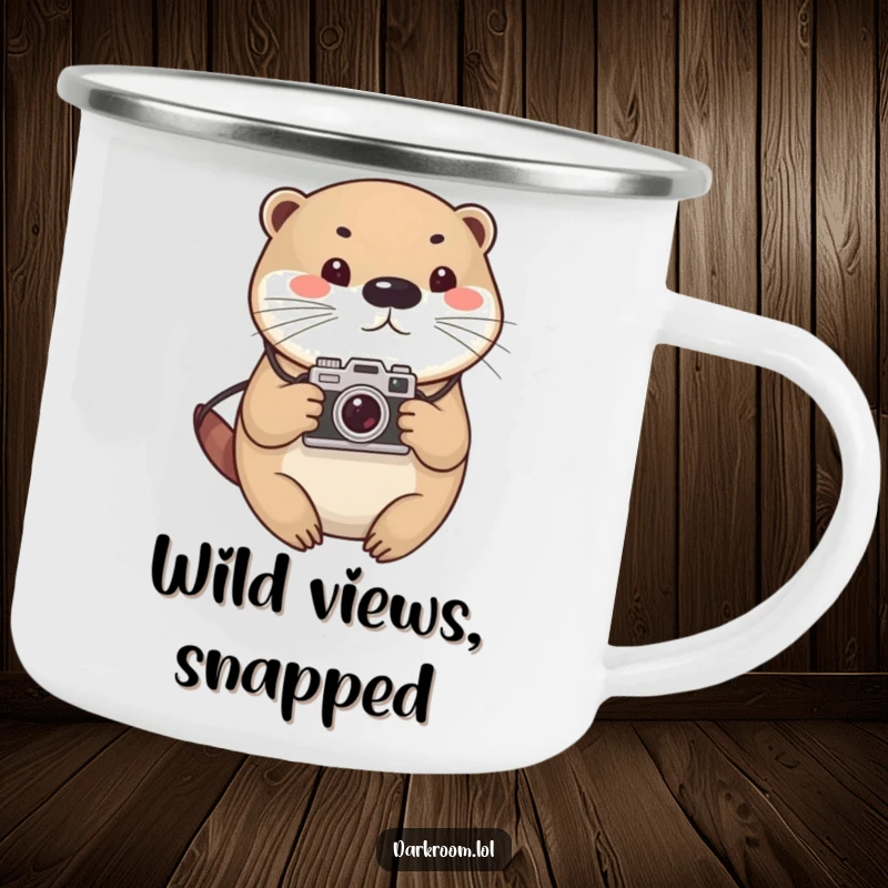 Funny otter photographer camping mug, cute and round, with a vintage camera, ready for any outdoor adventure and warm beverage.