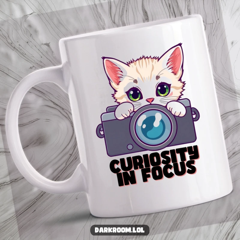 Funny kitten peeking through a camera lens mug, with wide, curious, adorable eyes, embodying playful feline photography enthusiasm.