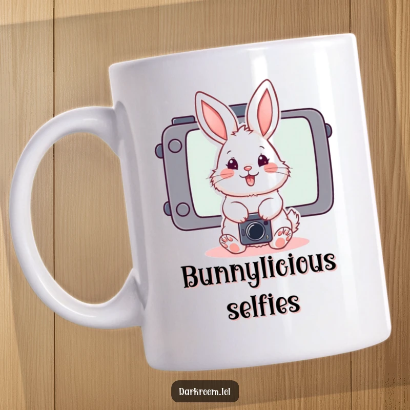 Funny fluffy bunny posing playfully in front of a stylized camera screen, embodying a photogenic and whimsical spirit.