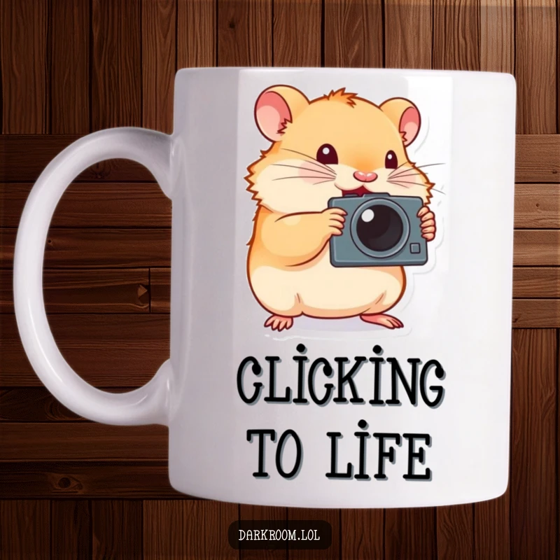 Funny hamster photographer mug, tiny and determined, enthusiastically pressing a camera shutter button with focus and joy.