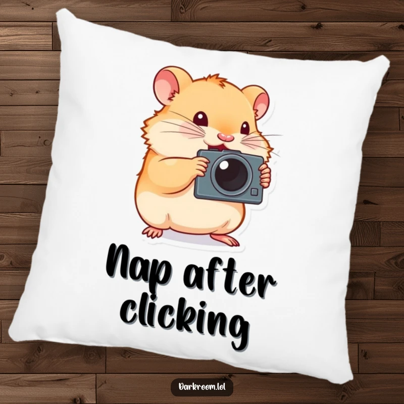 Funny hamster photographer pillow, tiny and determined, enthusiastically pressing a camera shutter, offering comfort and artistic inspiration.