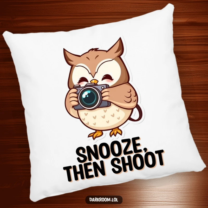 Funny cheerful owl photographer pillow, holding a camera, capturing a fleeting moment, offering comfort and nocturnal wisdom.
