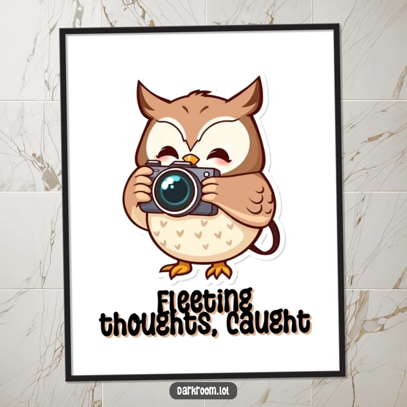 Funny cheerful owl photographer digital art print, holding a camera, capturing a fleeting moment, ready to add wisdom.
