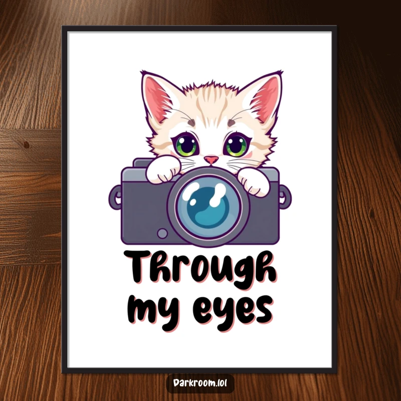 Funny kitten camera lens digital art print, peeking with wide, curious eyes, ready to add charm and playful photographic spirit to any room.