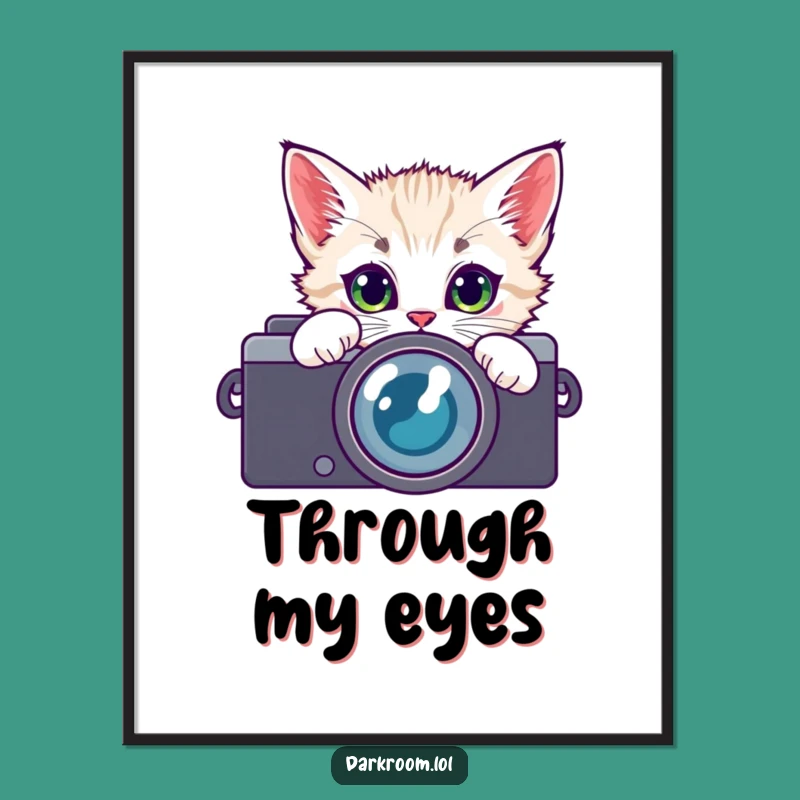 Funny Kitten Camera Lens Digital Art: Curious Cat Print Gift for Walls