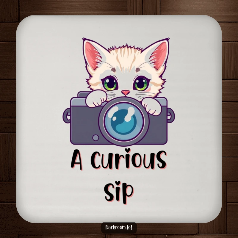Funny kitten camera lens drink coaster, peeking with wide, curious eyes, protecting surfaces with playful feline charm and humor.