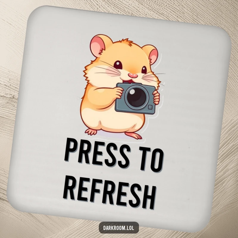 Funny hamster photographer drink coaster, tiny and determined, enthusiastically pressing a camera shutter, protecting surfaces with artistic flair.