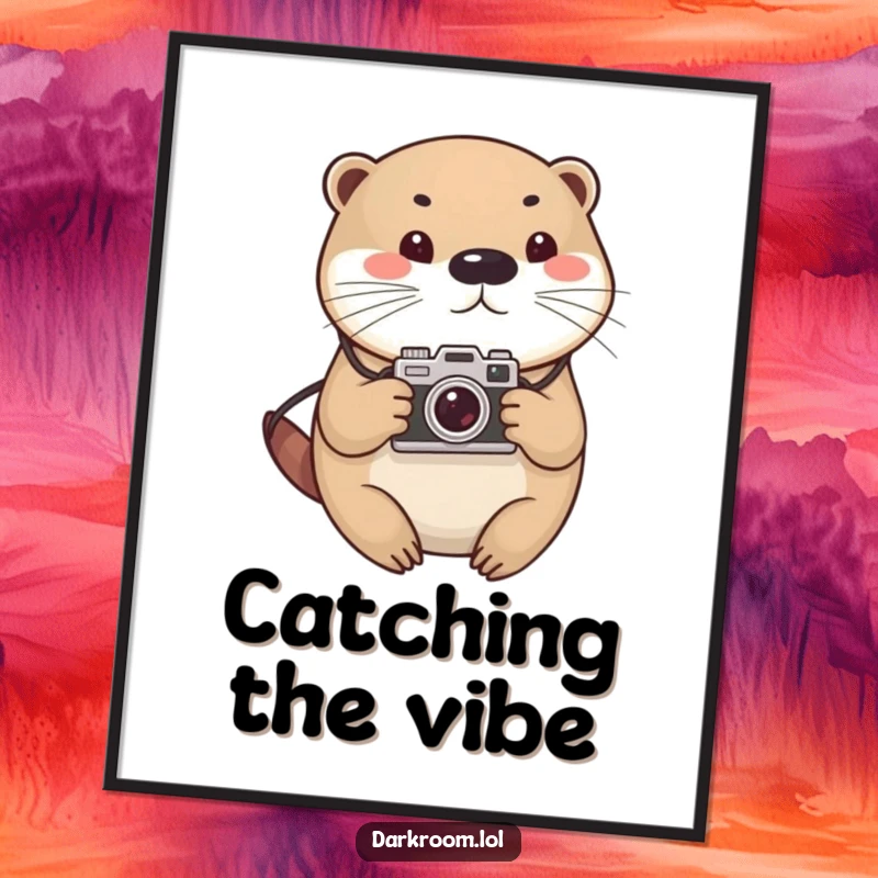 Funny otter photographer poster art, cute and round, holding a vintage camera, designed to bring smiles and photography inspiration.