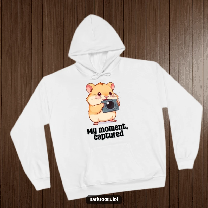 Funny hamster photographer hoodie, tiny and determined, enthusiastically pressing a camera shutter, embodying creative drive and focus.