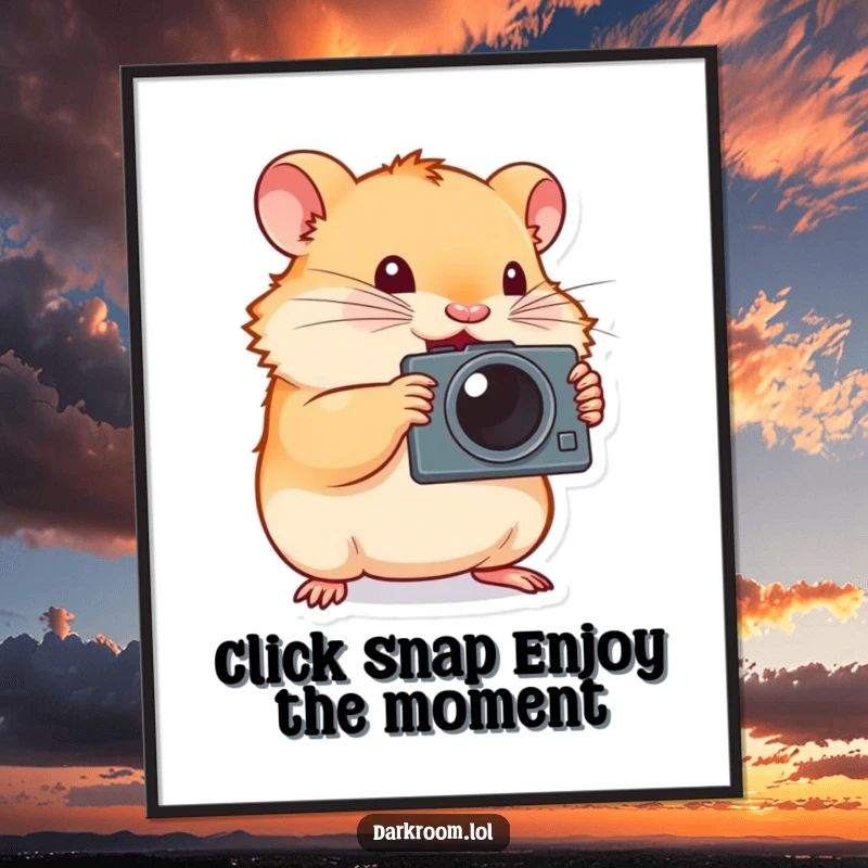 Funny Free Printable Wall Art: Tiny hamster enthusiastically pressing camera shutter, focused and determined, energetic animal art, download.