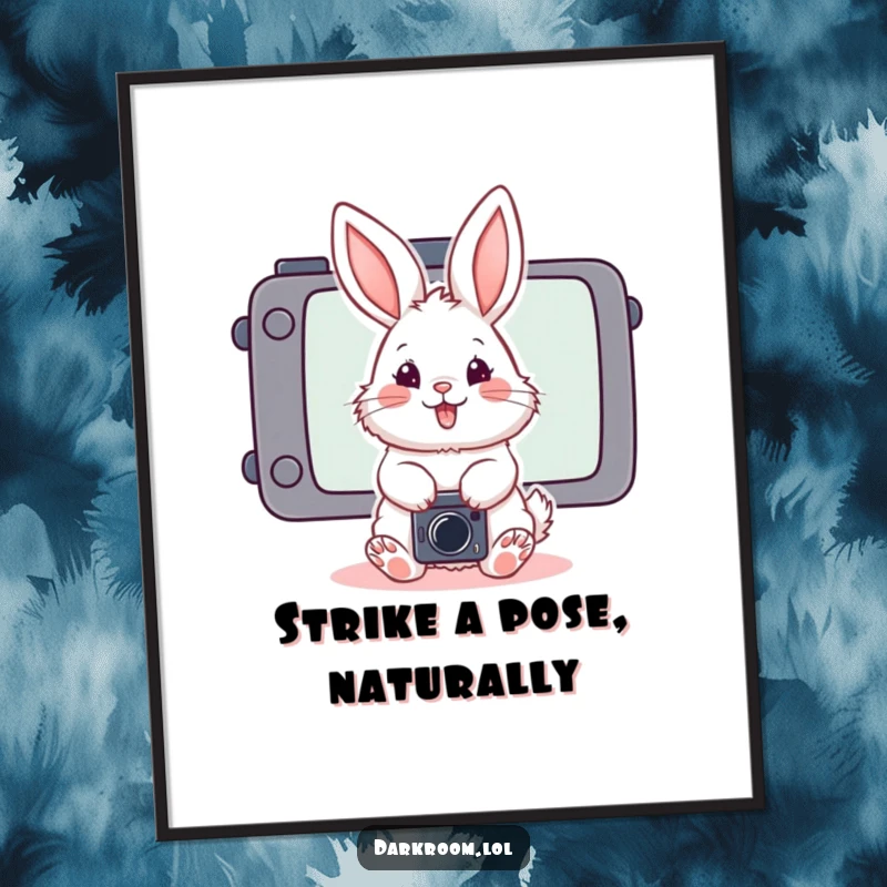 Funny Free Printable Wall Art: Fluffy bunny striking a playful pose in front of a camera screen, cute animal photography, download.