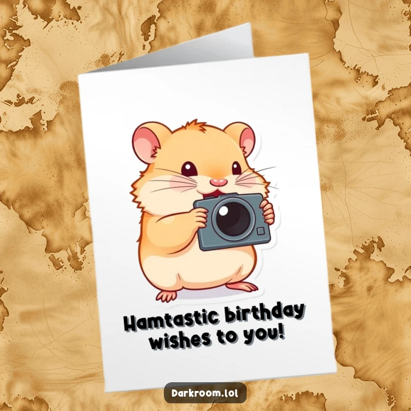Funny Free Printable Birthday Card: Tiny determined hamster enthusiastically pressing camera shutter, capturing birthday moments, digital download.