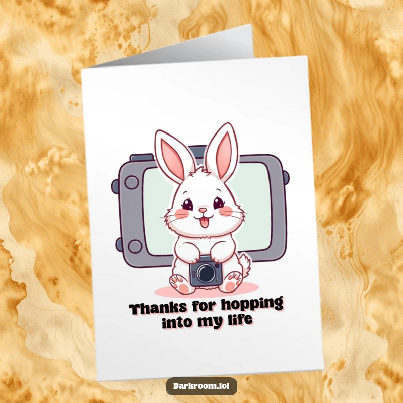 Funny Free Printable Thank You Card: Fluffy bunny posing playfully, camera screen visible, capturing thanks, digital download.