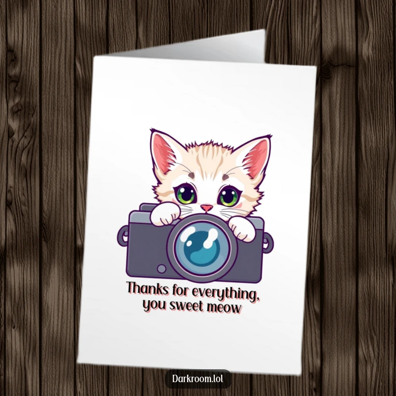 Funny Free Printable Thank You Card: Curious kitten with big eyes looking through camera lens, expressing thanks, digital download.