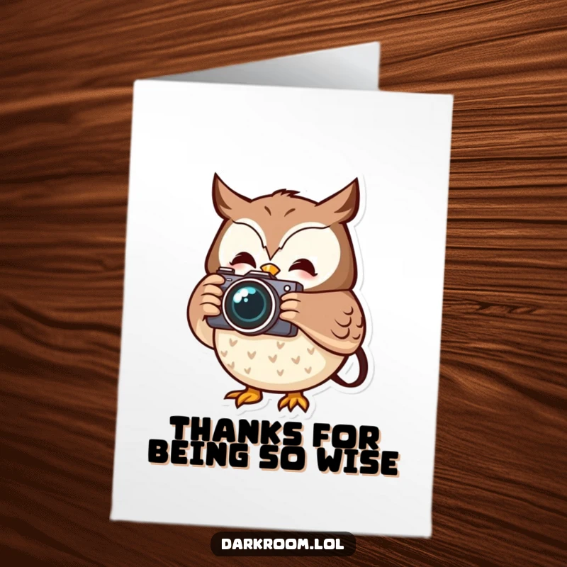 Funny Free Printable Thank You Card: Cheerful owl character holding a camera, capturing appreciation, digital download.