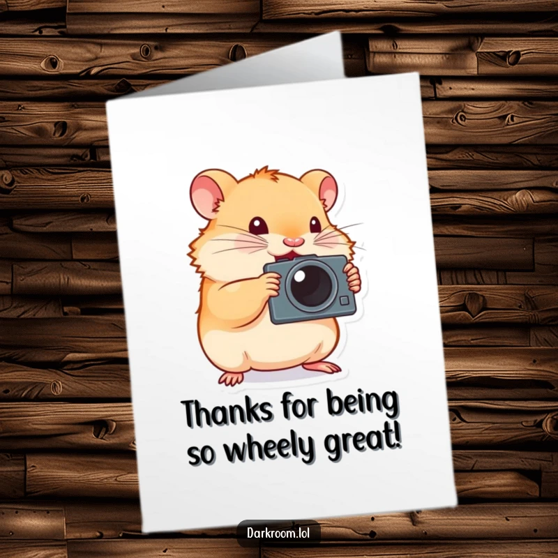 Funny Free Printable Thank You Card: Tiny determined hamster, camera shutter button, capturing a moment of thanks, digital download.