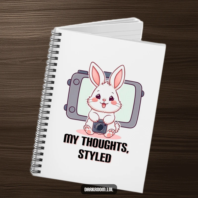 Funny fluffy bunny photographer notebook, posing playfully in front of a stylized camera screen, ideal for jotting down creative ideas.