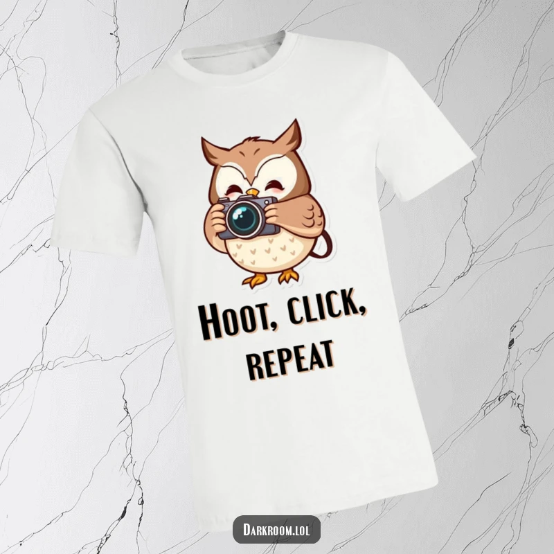 Funny cheerful owl wearing a photographer t-shirt, holding a camera, capturing a fleeting moment with wisdom and a smile.