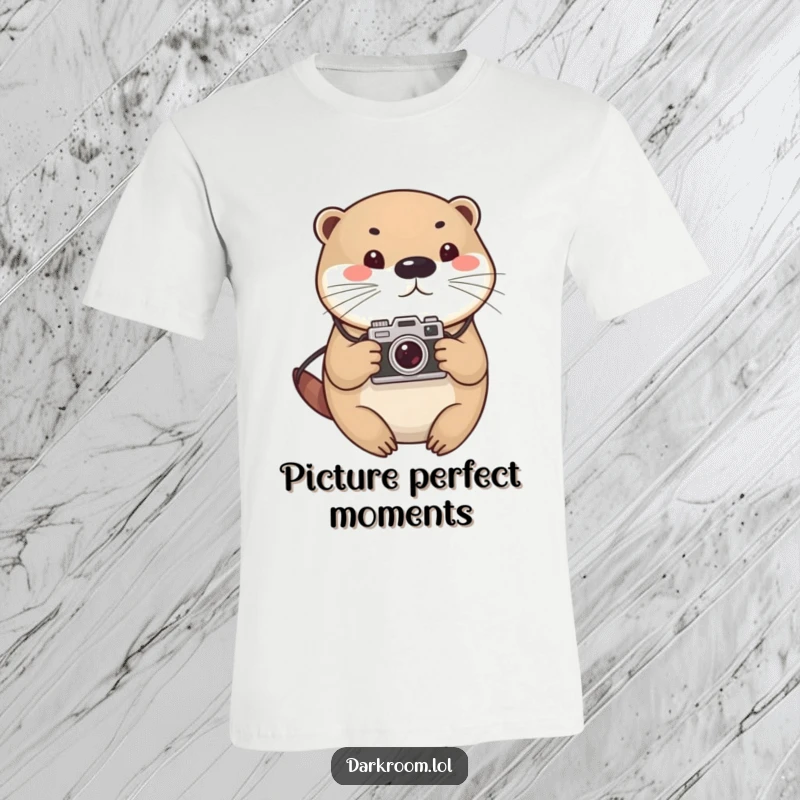 Funny otter wearing a vintage camera t-shirt, cute and round, posing like a pro photographer, ready for a photo shoot adventure.